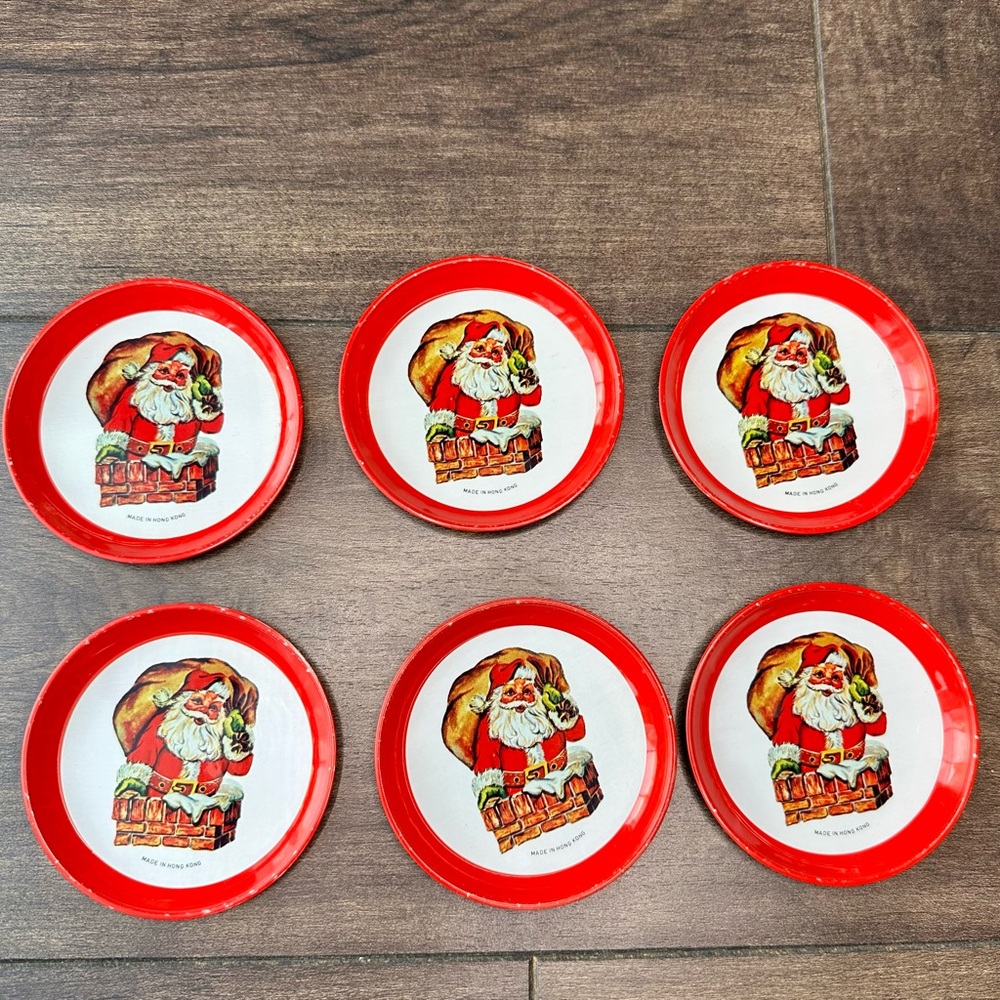 Vintage Tin Christmas Santa Coasters - Set of 6 - Made in Hong Kong